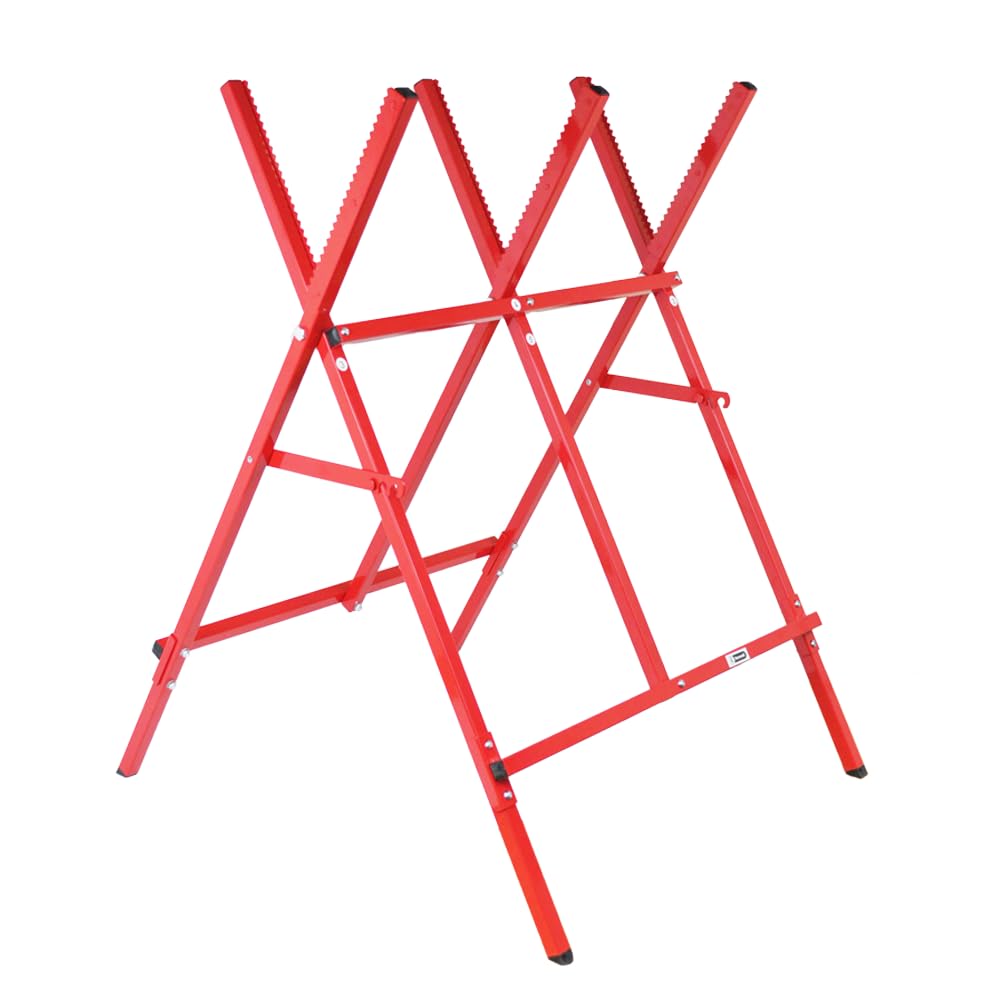 Log Horse 100KG RocwooD Max 30cm Logs 6.3KG Weight Serrated Teeth Foldable Red 70 x 65 x 90cm Lightweight Chainsaw Heavy Duty Powder Coated Steel Easy Assemble