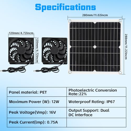 12W Solarpanel Betriebener Ventilator, Abluftventilator, Solarlüfter für Gewächshäuser, Hühnerstallheizung, Fensterauspuff, Schuppen.