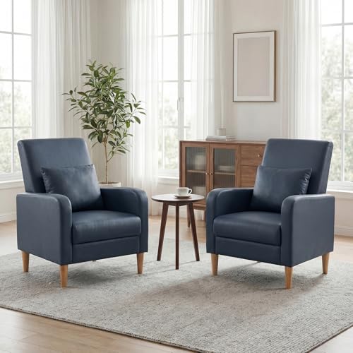 Image of COLAMY Mid-Century Modern Accent Chairs Set of 2, Faux Leather Upholstered Living Room Chairs with Back Pillow & Solid Wood Legs, Comfy Armchair for Living Room, Bedroom, Single Sofa, Dark Blue