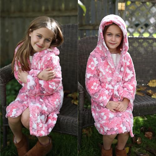 BIG ELEPHANT Kids Hooded Robe, Fleece Bathrobe for Girls Boys, Flannel Sleepwear, Coral Plush Pajamas for Christmas Gift2