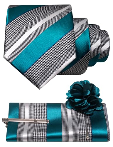 Image of JEMYGINS Mens Striped Tie and Lapel Pin Necktie Pocket Square and Tie Clip Sets for Business Casual 4PCS