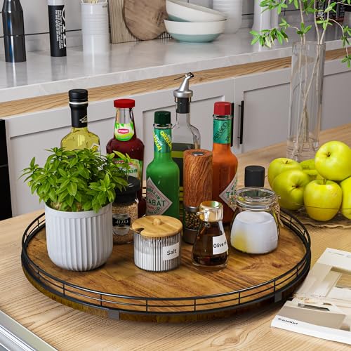 Image of Farmhouse Oak 18 inch Lazy Susan Turntable Organizer for Cabinet, Round Wooden Lazy Susan Organization and Storage for Dining Table, Pantry, Kitchen, Countertop, Cupboard,Home Decor, Walnut Wood (18 inch)
