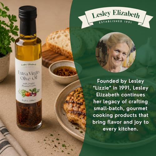 Image of Lesley Elizabeth Extra Virgin Olive Oil with Double Roasted Garlic, 8.5 fl oz - Small-Batch Garlic-Infused EVOO for Dipping, Drizzling, Marinades & Everyday Cooking - All-Natural, Plant-Based Ingredients