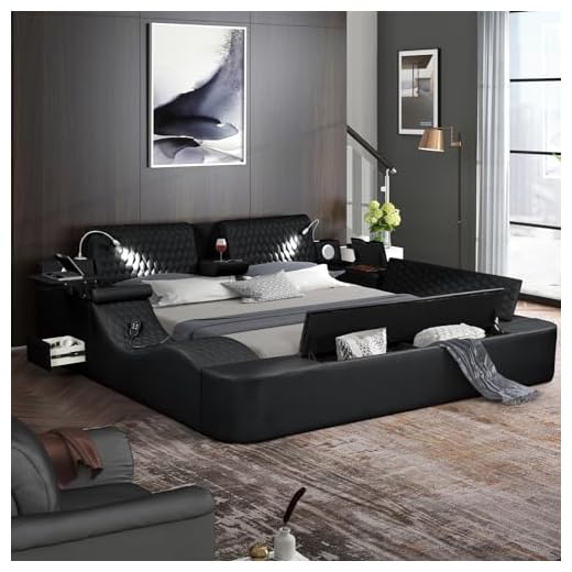 Multifunction Smart Bed - Luxury Bed Frame with Lights and Massage Chair, Upholstered Bed Frame with USB Port & Speakers, Lift End Table and 6 Storage Space, No Box Spring Needed (Black, Queen)