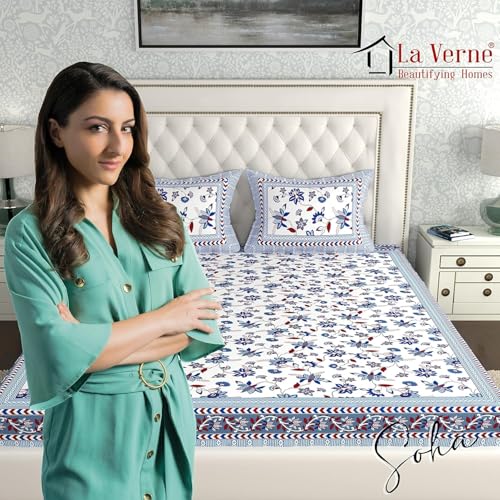 Image of La Verne 140 TC 100% Cotton King Size Jaipuri Rajasthani Print Bedsheet with 2 Pillow Covers (Purple)