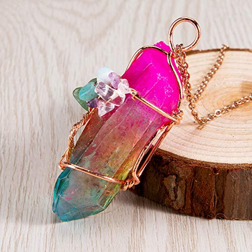 Bivei Tree of Life 7 Chakra Gemstone Copper Wire Wrap Irregular Clear Quartz Point Crystal Pendant Necklace(Rose Gold Plated Chakra-Titanium Coated Multi Color)