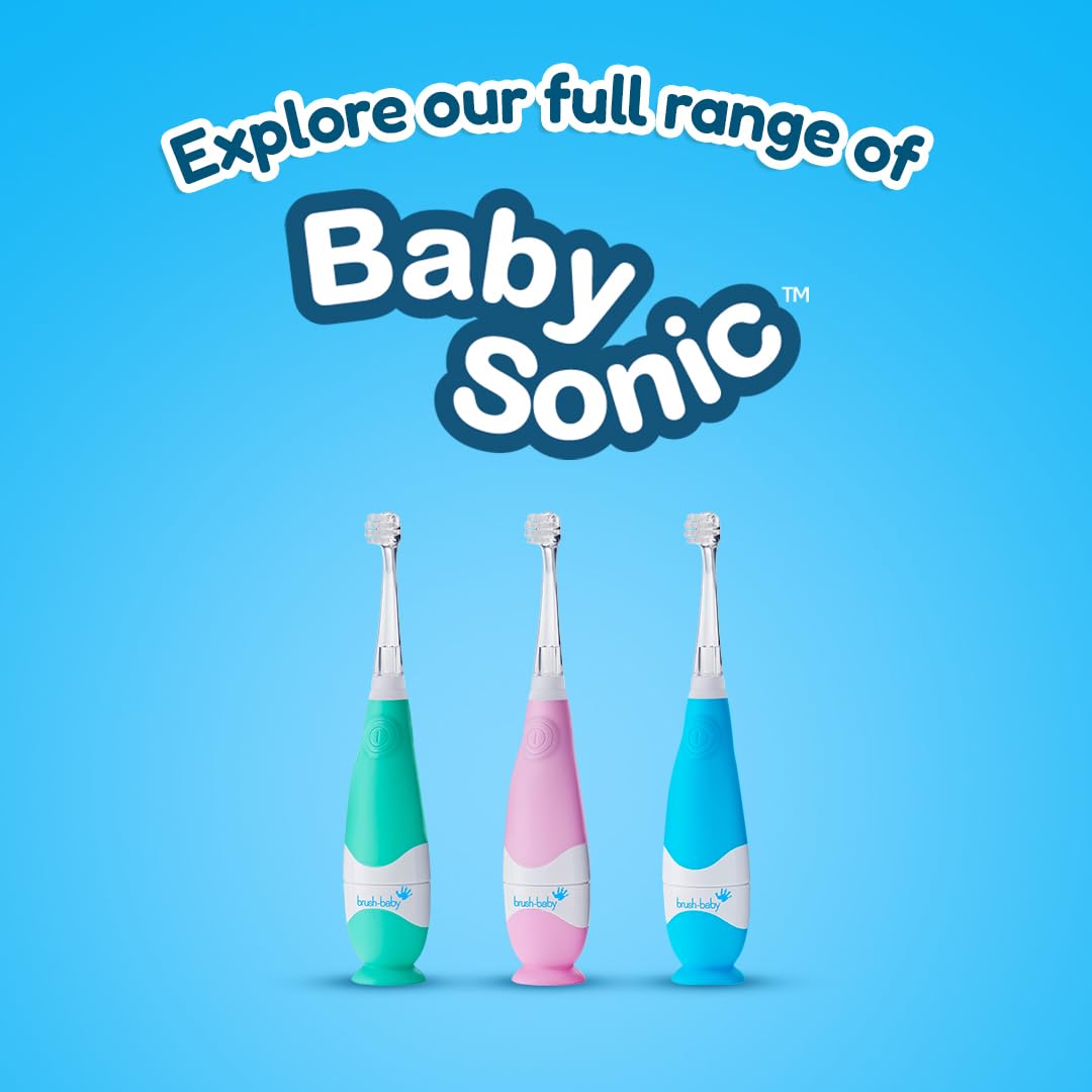 Brush-Baby - BabySonic - Spazzolino elettrico blu, 0-36 mesi, morbido e delicato, per gengive sensibili e denti nuovi, con luce LED e base di aspirazione, testine per neonati e bambini