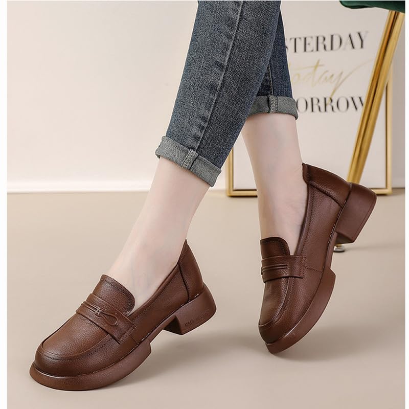 Image of Women's Penny Loafers Low Chunky Heel Brown Leather Dress Shoes for Work US Size 7.5-8
