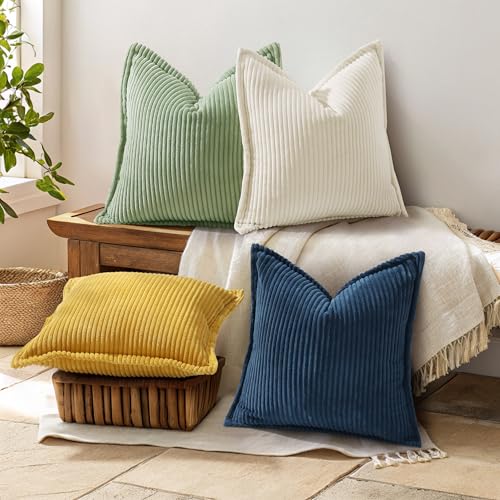 decorUhome Corduroy Navy Blue Throw Pillow Covers 18x18 Set of 2 Decorative Soft Boho Striped Neutral Euro Farmhouse Couch Pillow Cases with Broadside for Living Room Bed Sofa