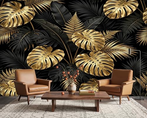 Image of PaxGloz Black and Gold Tropical Photo Wallpaper, Monstera Leaf Wall Mural for Living Room & Bedroom, Non-Woven Decorative Wall Art 100x70 cm