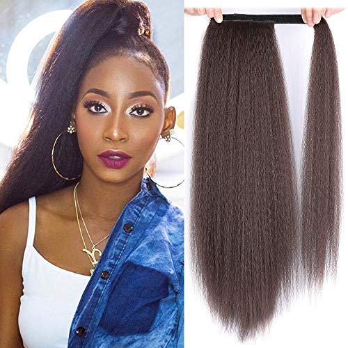 Long Ponytail Extensions for Women Synthetic 24 inch Yaki Curly Wrap Around Mixed Brown Ponytail Light Kinky Wave Ponytail Hairpiece Magic Paste