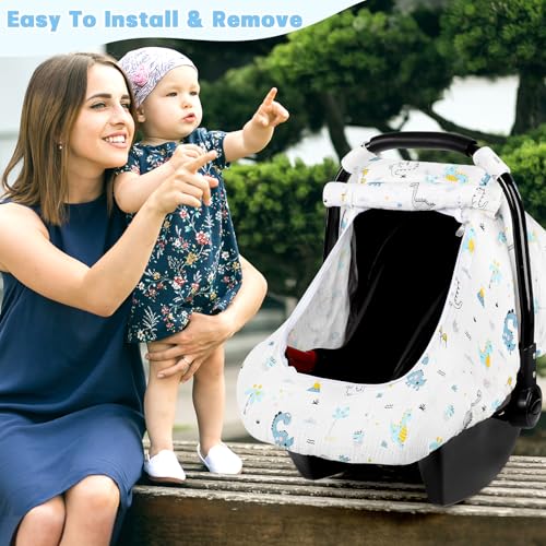 Image of Car Seat Cover Baby, HNHUAMING Muslin Cotton Carseat Covers for Babies Girls Boys Summer Infant Car Seat Covers Canopy, Cozy Newborn Carseat Covers Stroller Cover with Breathable Mesh Window, Dinosaur