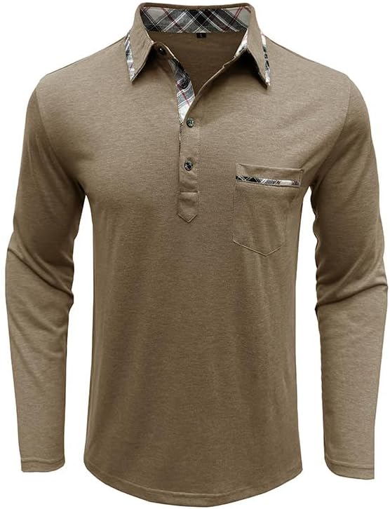 Mens Long Sleeve Polo Shirts Casual Button Moisture Cotton Tees Stylish Tops Golf Shirts with Pocket - Image 3
