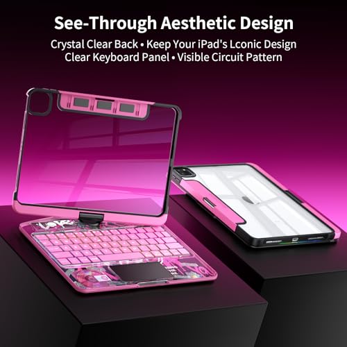 Image of Transparent Keyboard Case for iPad Pro 11 Inch (M5 2025 /M4 2024) with Multi-Touch Trackpad, 360 Rotating Stand, 7-Color 3-Level Backlit, Wireless Bluetooth, Pencil Holder,Pink
