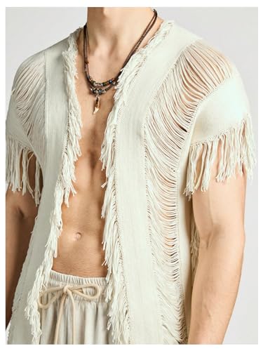WDIRARA Men's Tassel Hem Hollow Out Vintage Cardigan Ripped V Neck Short Sleeve Casual Outerwear4