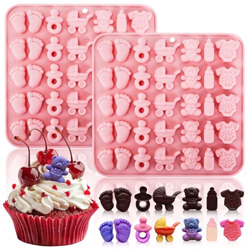 Fuehbur Baby-Shower Theme Candy Silicone Molds 2PCS Chocolate Moulds with Cute Patterns 35 Cavity Ice Molds Tray for Cake Desserts Cupcake Toppers