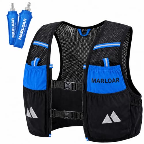 MARLOAR Chaleco de hidratación Running con 2 Soft Flask de Regalo – Mochila Running, Ligera y Transpirable. (Black / Blue, L)