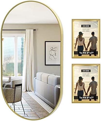 EMI HOME Gold Oval Mirror with Two Picture Frames, 17.9x31.5 Inch Oval Gold Bathroom Mirror, Oval Vanity Mirror Brushed Aluminum Gold Oval Mirrors for Bathroom, Bedroom, Living Room, Entryway