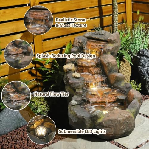 Image of Sunlinua 42 inch L Outdoor Water Fountain with 5Tiers Cascading Realistic Rock Waterfall Fountains with LED Lights Outdoor Water Fountain for Garden Patio Backyard Porch Home Decor