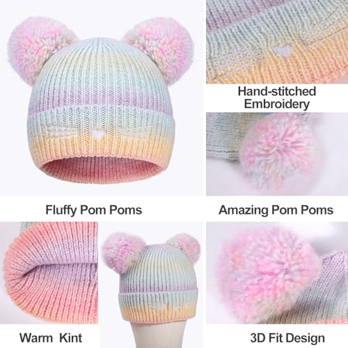 Kids Winter Knit Hat Cat Embroidery Beanie Hat Gloves Set with Double Pompom for Girls 3-14 Years3
