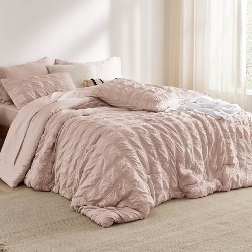 Bedsure Bed in a Bag Twin - 5 Pieces Plaid Seersucker Bedding Comforter Sets, Soft Lightweight Rose Dust Boho Bed Set with Comforters Twin Size, Sheets, Pillowcase & Sham