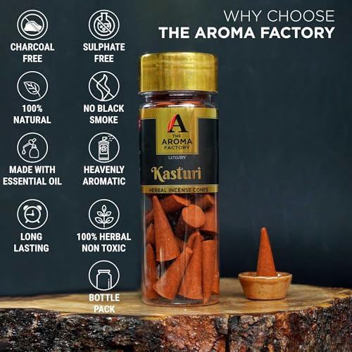 Image of The Aroma Factory Incense Dhoop Cone for Pooja, Kasturi (100% Herbal & 0% Charcoal) 1 Bottle x 30 Cones