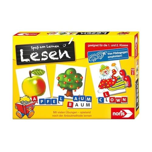 Noris 606076340 Spaß am Lesen, Kinder Lernspiel zum Lesenlernen, Wort, Bildlesekarten und Buchstabensteine für Kindergarten, 1 und 2 Schulstufe, 1-4 Spieler, ab 5 Jahren