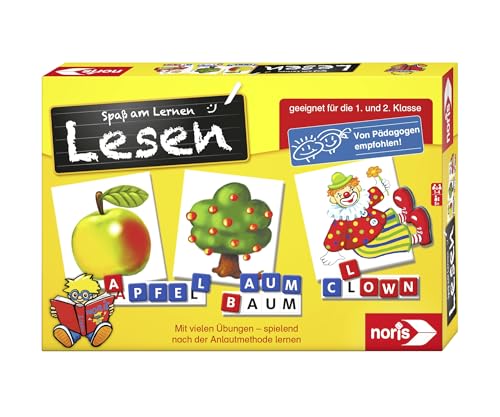 noris 606076340 Spaß am Lesen, Kinder Lernspiel zum Lesenlernen, Wort, Bildlesekarten und Buchstabensteine für Kindergarten, 1 und 2 Schulstufe, 1-4 Spieler, ab 5 Jahren