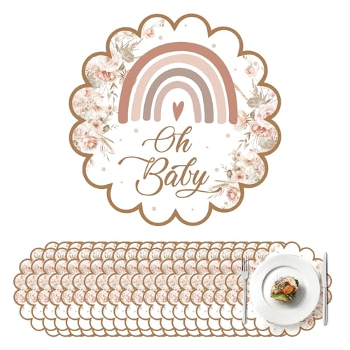 100 Pcs Boho Rainbow Baby Shower Decorations 13.5' Scalloped Boho Rainbow Paper Placemats Disposable Boho Table Place Mats for Pink Birthday Party...