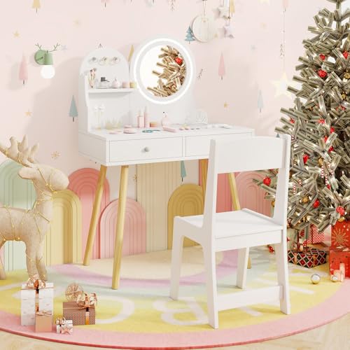 Image of HONEY JOY Kids Vanity, Little Girls Vanity Set with Mirror and Stool and Lights, Drawers, Toddler Makeup Vanity Dressing Table, Wooden Pretend Play Kids Vanity Table and Chair Set (White)
