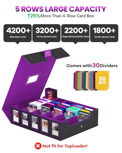 Image of Trading Card Storage Box, 5 Row Card Deck Case with Commander Display & Portable Handle, 4200+ Card Deck Boxes Compatible for MTG TCG Magic Cards, 30 Divider, 8 Supporters, 1 Dice Tray(Black & Purple)