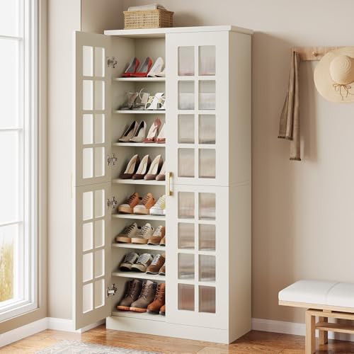 Tribesigns 71-Inch Tall Shoe Cabinet with Doors, 8-Tier Shoe Storage with Adjustable Shelves, Modern Shoe Organizer Shoe Rack Cabinet for Entryway, Hallway, Closet, Living Room, White and Gold