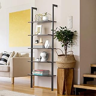COSTWAY 5-Tier Ladder Shelf, Wall Bookcase Display Rack Shelving Unit, Metal Frame Wooden Storage Shelves Organiser Plant Stand for Living Room, Bedroom, Kitchen and Office