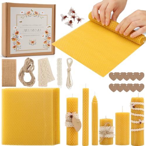Beeswax Sheets for Candle Making 30Pcs DIY Beeswax Candles Rolling Kit for Kids & Adults Natural Honeycomb Sheets (8 x 8 Inch) with Cotton Wick Bee Ornaments Lace Ribbon and Hemp Rope
