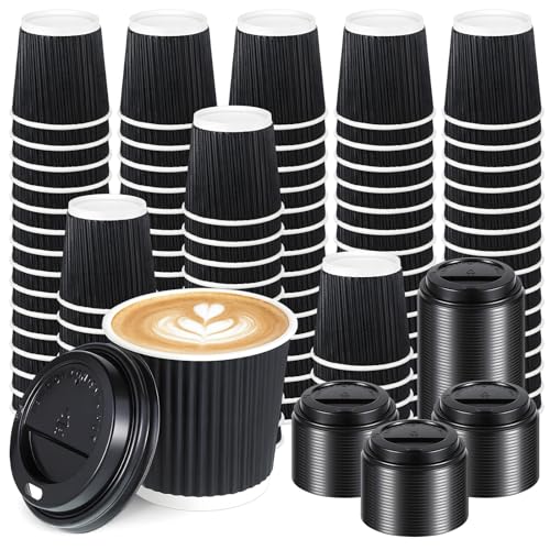 Xosjska 100 Set 4oz Disposable Espresso Cups with Lids Ripple Wall Hot Cups For Coffee Disposable Coffee Cups-Cups Ripple Corrugated Paper for Office Cafe Home or Travel (Black)