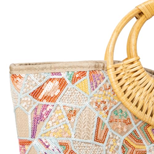 Image of Rattan Wood Handle Sequin Embroidered Floral Beach Bag Tote for Vacation and Wedding Party