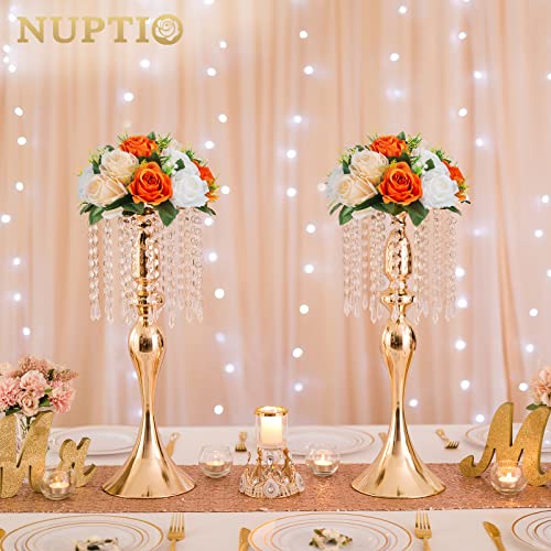 Image of NUPTIO Flower Balls for Wedding Centerpieces: 9.5 Inch Diameter Orange Artificial Flower Ball Arrangement Bouquet Fall Party Table Decor - Fake Rose Autumn Weddings 2 Pcs