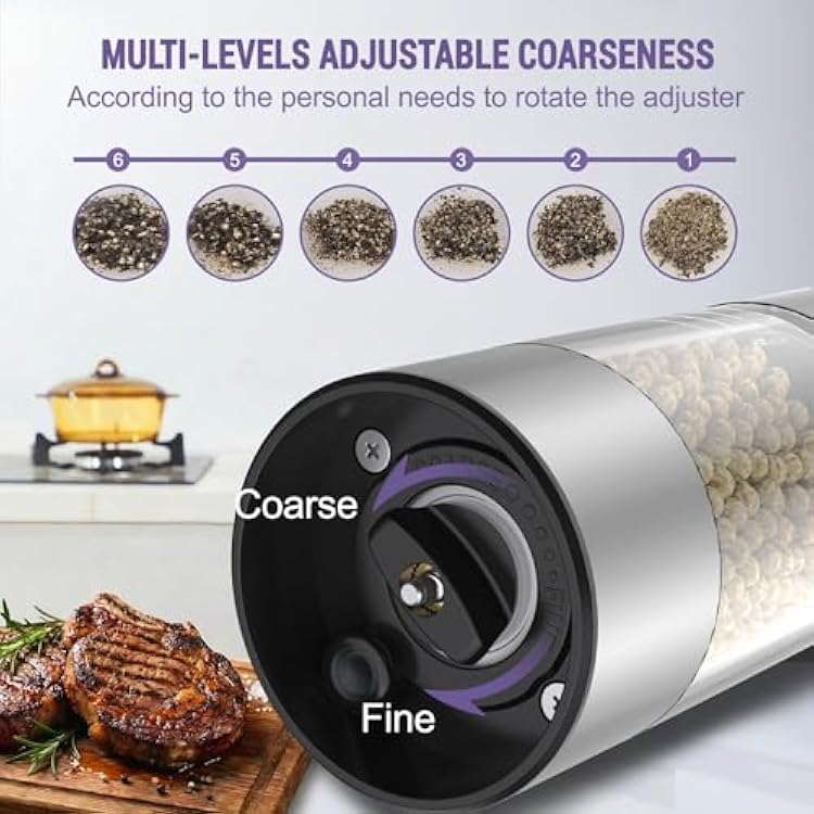 Electric Salt and Pepper Grinder Set, Automatic Pepper Mill Grinder w/Upgraded Charge Base and LED Light,Adjustable Coarseness,Rechargeable Black Peppercorn & Sea Salt Spice Mill Set