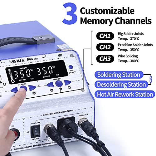 YIHUA 948-II Desoldering Station SMD Hot Air Rework Station Soldering Iron Station Suction IC Extractor 4-in-1 with 3 User Channels, AUTO/Manual Modes, Calibration Function(UK Plug)
