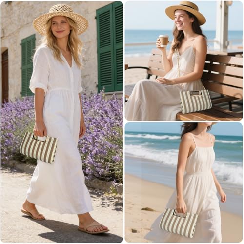Image of Women's Straw Raffia Clutch Purse, Top Handle Woven Handbag with Crossbody Strap, Summer Beach Shoulder Bag