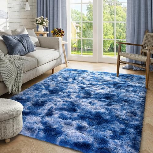 Fuzzy Blue White Rug for Bedroom Soft Fluffy 3x5 ft Living Room Rug Non-Slip Area Rugs Shag Carpet for Nursery Kids Play Room Dorm Office Indoor Modern Plush Carpets