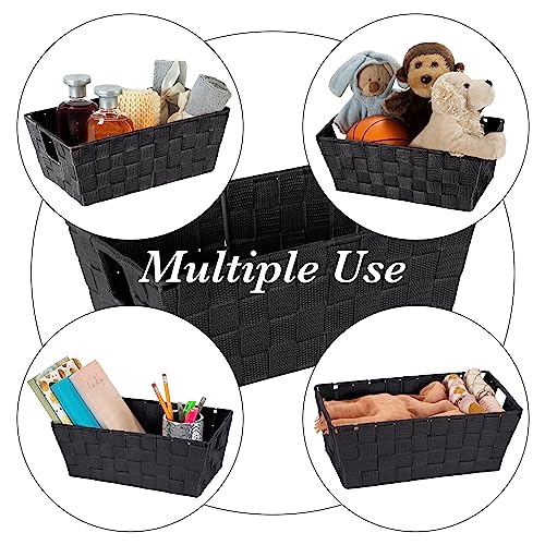 Image of Simplify Small Shelf Woven Strap Tote | Decorative Storage Basket | Built in Handles | Organization | Closet | Bedroom | Bathroom | Nursery | Accessories | Toys | Gifts | 4 Pack | Black
