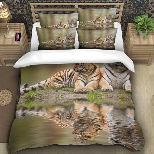 Housse de couette tigre imprimé 3D microfibre parure lit 1 place