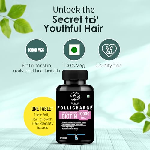 Touche Wellness Follicharge Tablets for Hair & Skin - Premium Formula with Biotin 10000 mcg with 18 Amino Acids, Mutli Minerals & Multivitamins for Men And Women 30 Tablets Bottle - Image 2