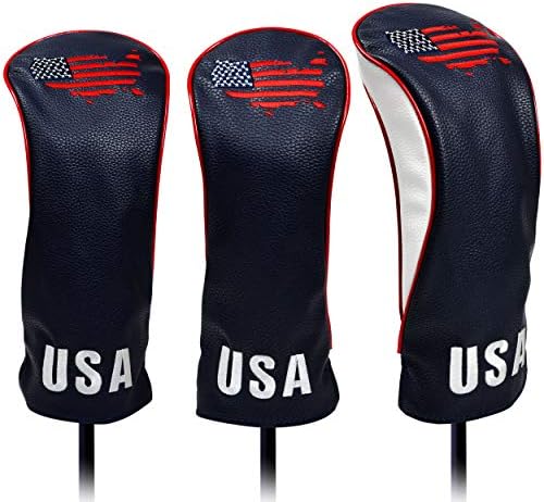 USA Golf Head Covers for Driver & Fairway Woods (Set of 3) - Premium Leather Headcovers, Designed to Fit All Woods and Drivers (Navy)