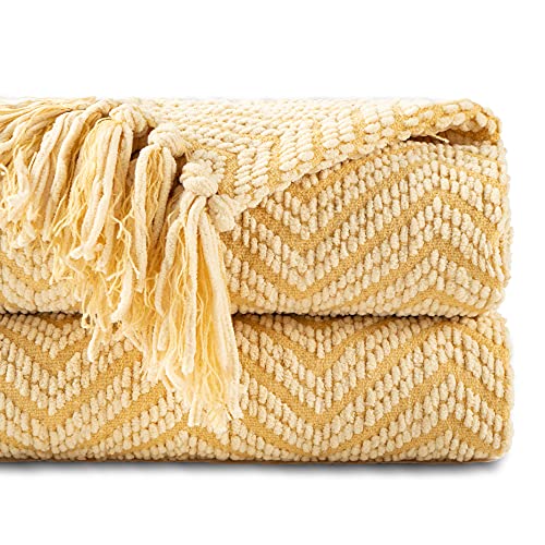 Image of BATTILO HOME Gold Throw Blanket for Couch, Knit Yellow Throw Versatile for Chair, Super Soft Warm Mustard Throw Blanket with Tassels for Twin Bed, Sofa and Living Room, 60 inchx80 inch