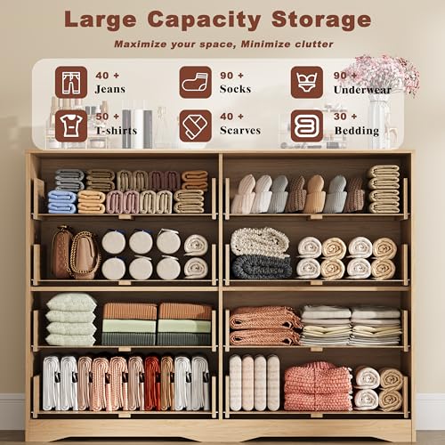 Image of Fluted 8 Drawer Dresser for Bedroom, 55 inch Wide Modern Wooden Chest of Drawers with Metal Handles, TV Stand & Closet Storage Organizer for Living Room,Hallway, Natural Wood
