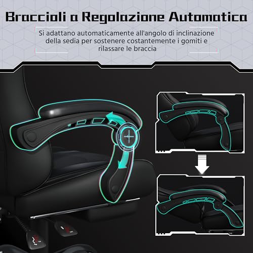 Sedia Gaming Ergonomica Massaggiante Reclinabile con Poggiapiedi Poggiatesta e Supporto Lombare Braccioli Imbottiti in Finta Pelle, Poltrona Gamer da Scrivania con Ruote Girevole Nero - Sedia gaming - Immagine 7