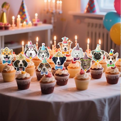 WATUNID 28Pcs Hund Cupcake Toppers, Hund Gesicht Kuchen, Hunde Geburtstag Muffin Deko, Niedliche Welpen Cupcake Deko für Haustier Thema Hundegeburtstag Party-Zubehör Baby-Dusche (20 Styles)