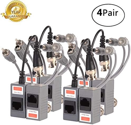 Video Balun,CCTV BNC Passive Transmitter/Transceiver with DC Power&Rj45 Audio Via Cat5 Connector Adapter Cable for HD Ahd Tvi 720P-1080P Security Camera Systems (4Pairs/8PCS)